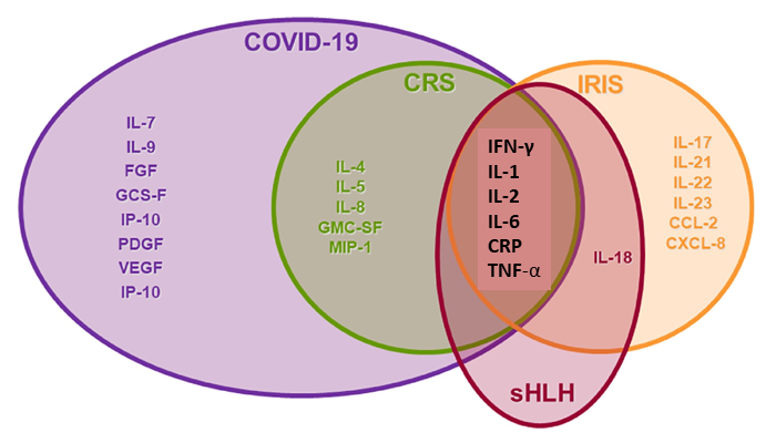 Cancio et al. 2020 Venn diagram cytokine overlap COVID-19 versus cell therapy inflammatory syndromes